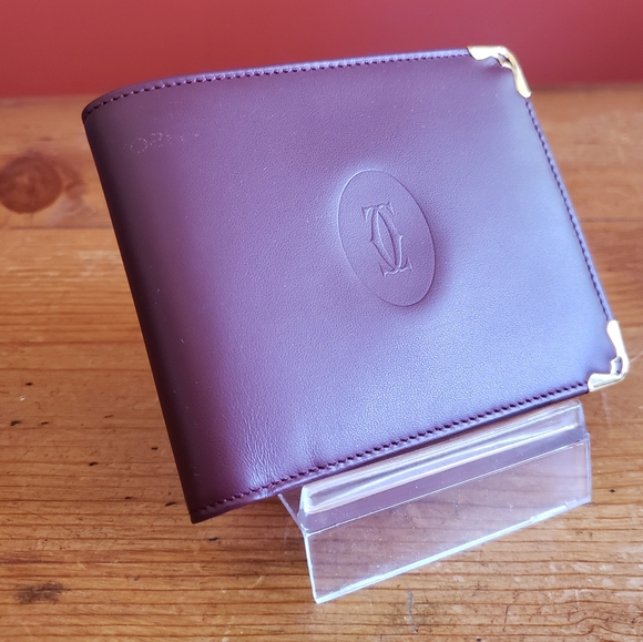 Authentic Cartier Must De Cartier Leather Bordeaux Bi-Fold Wallet Burgundy Box